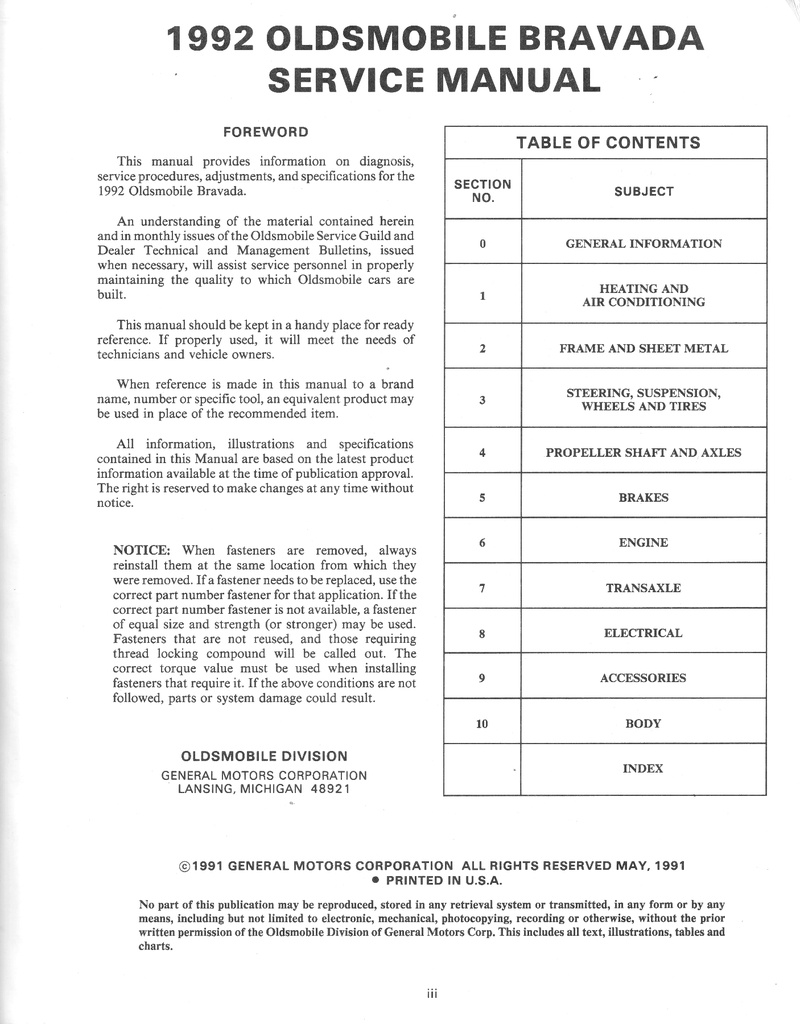 1992 Oldsmobile Bravada OEM Shop Service Repair Maintenance Manual