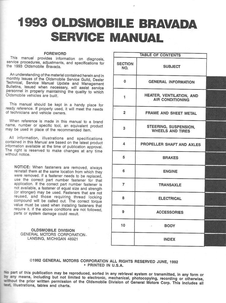 1993 Oldsmobile Bravada OEM Shop Service Repair Maintenance Manual