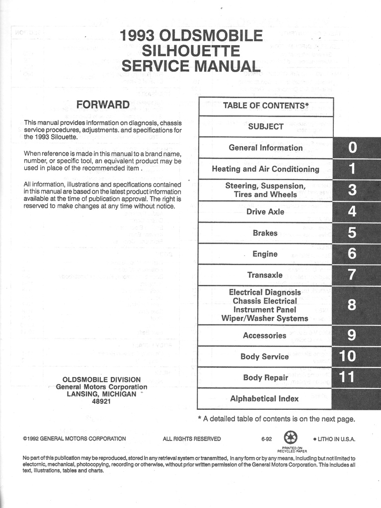 1993 Oldsmobile Silhouette OEM Shop Service Repair Maintenance Manual