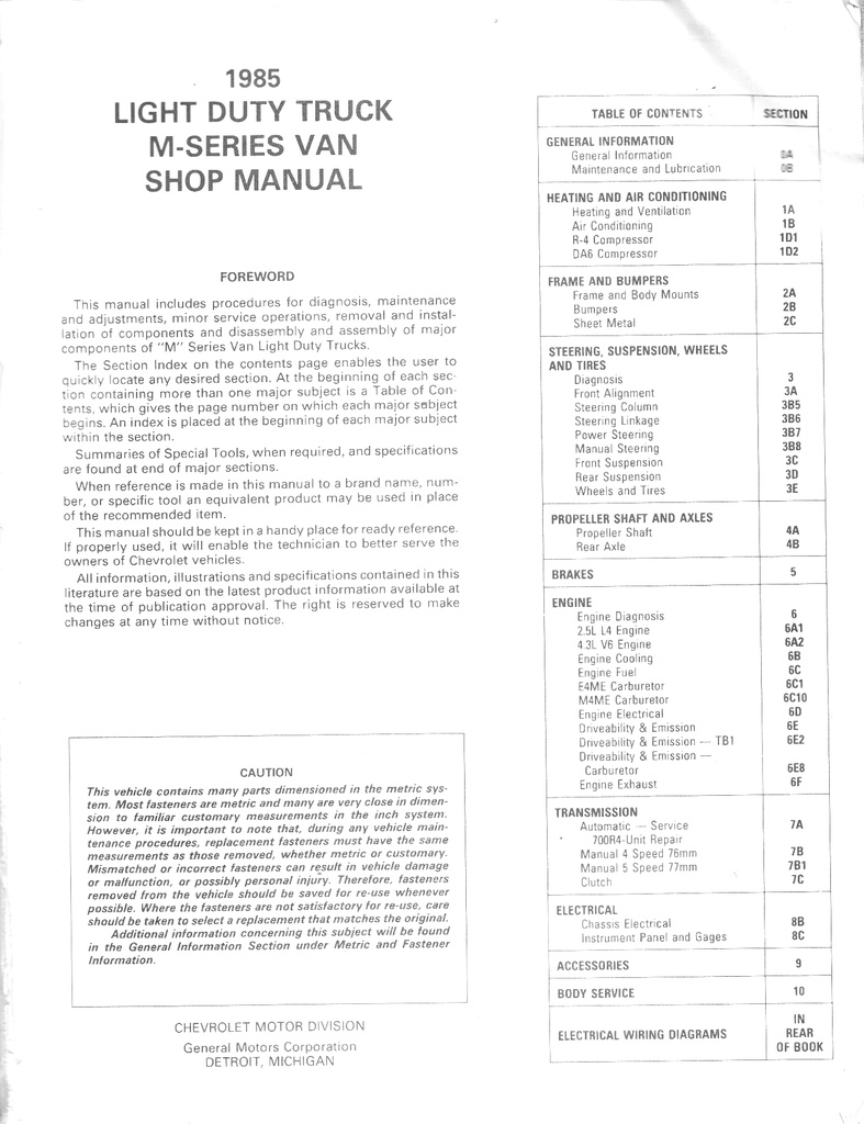 1985 Chevrolet Astro M Van Service Shop Repair Manual