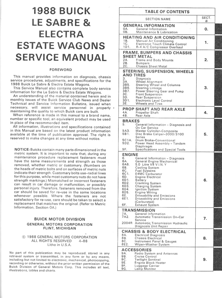 1988 Buick Le Sabre & Electra Estate Wagons OEM Shop Service Repair Manual