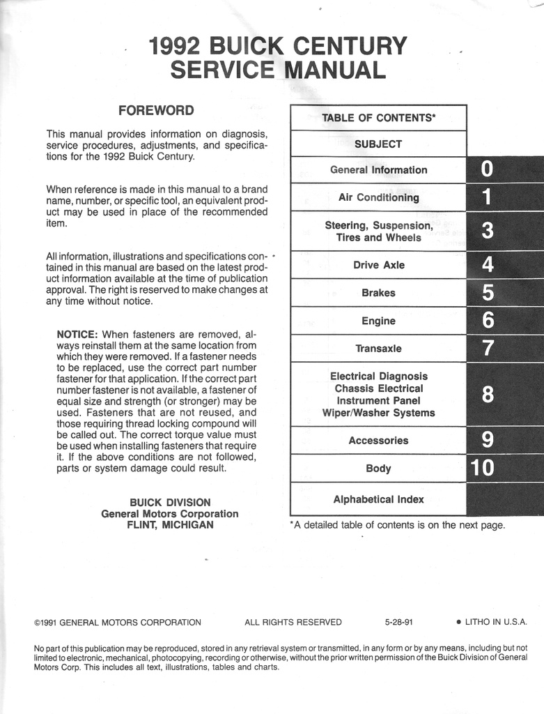 1992 Buick Century OEM Shop Service Repair Manual
