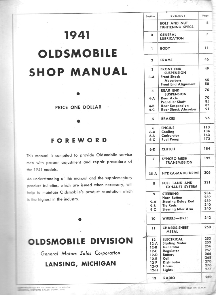 1941 Oldsmobile 6 and 8 Full Line Factory OEM Shop Service Repair Manual