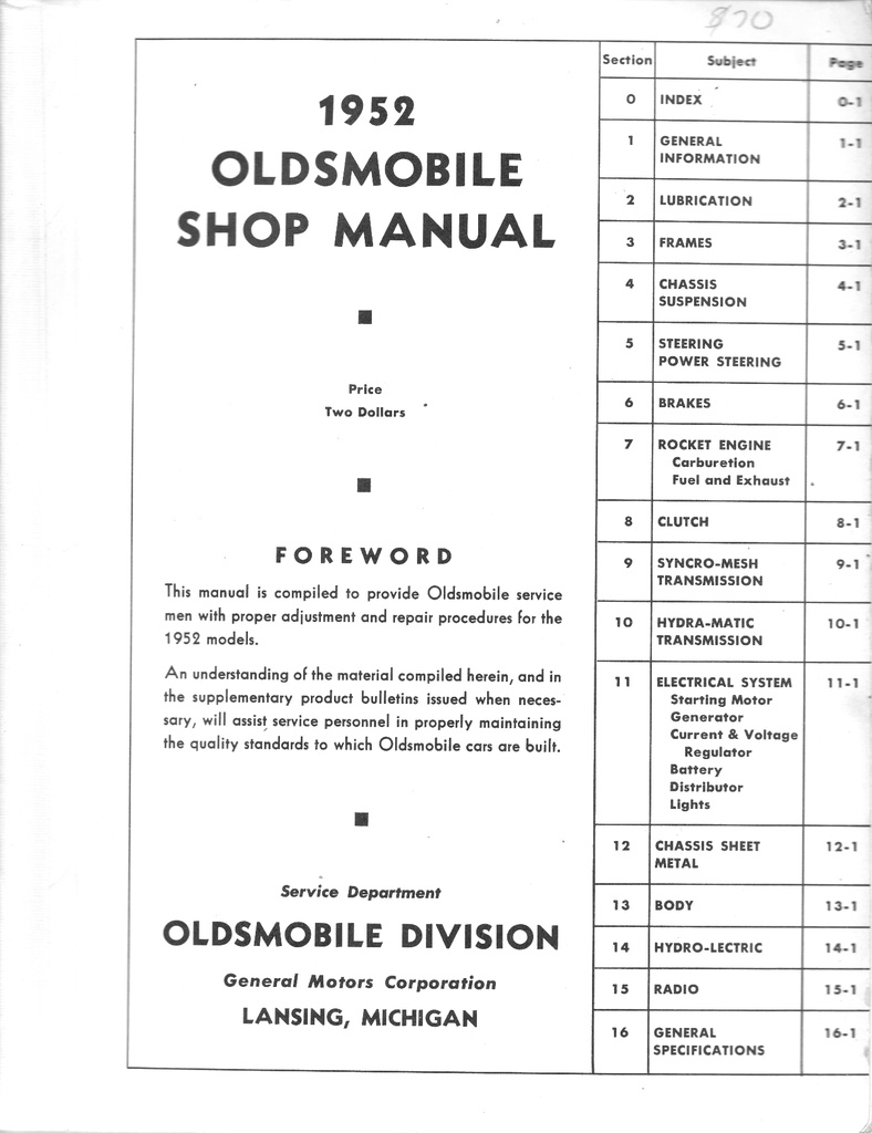 1952 Oldsmobile 88 98 Full Line Factory OEM Shop Service Repair Manual