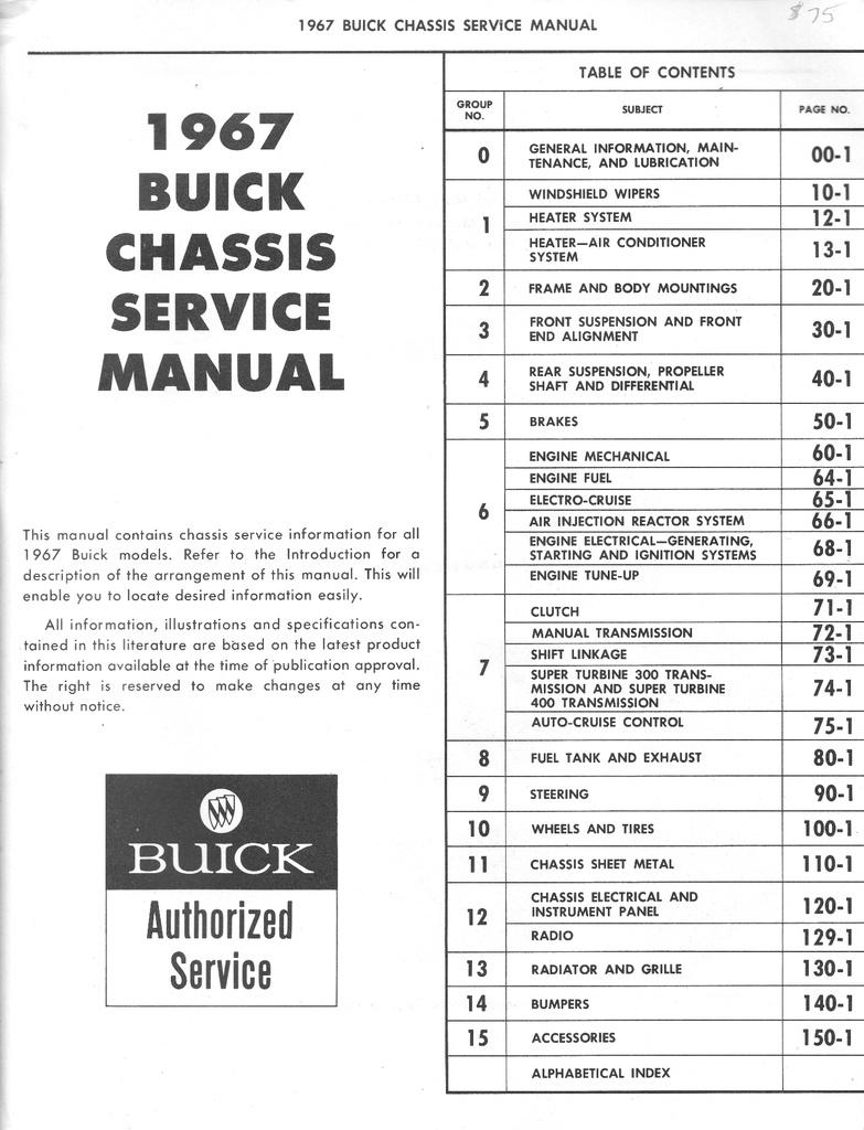 1967 Buick Factory Repair Maintenance Shop Chassis Service Manual Wildcat Skylark GS400 Special Riviera LeSabre Electra