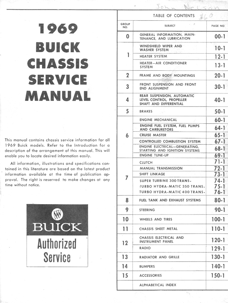 1969 Buick Factory Repair Maintenance Shop Chassis Service Manual Wildcat Skylark GS350 GS400 Special Riviera LeSabre Electra