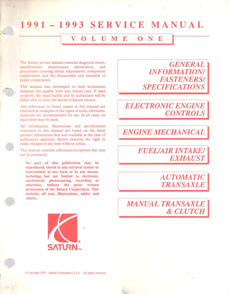 1991 1992 1993 Saturn OEM Shop Service Repair Maintenance Manual Full 3 Volume Set