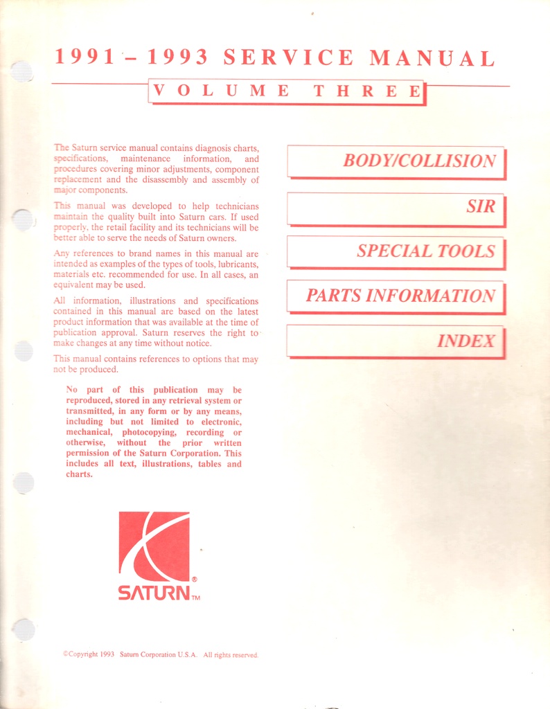 1991 1992 1993 Saturn OEM Shop Service Repair Maintenance Manual Full 3 Volume Set
