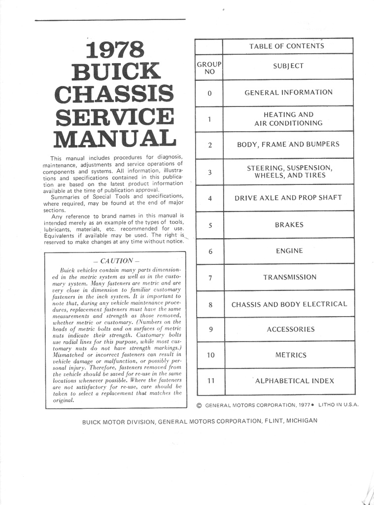 1978 Buick Factory Repair Maintenance Shop Chassis Service Manual All Series Regal Riviera Skyhawk Skylark Century LeSabre Electra