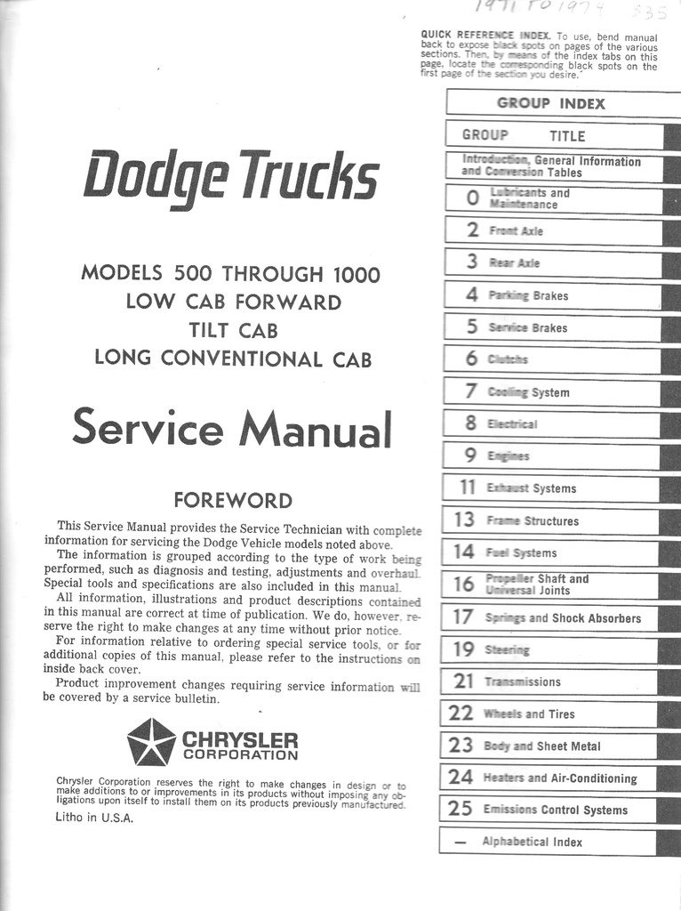 1971-1974 Dodge Low Cab Forward, Tilt Cab & Long Conventional Cab 500-1000 Shop Repair Service Manual