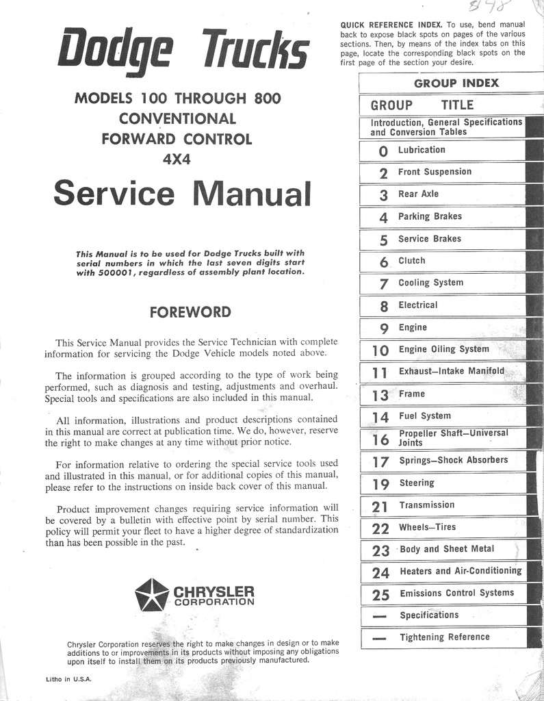 1972 Dodge Light/Medium/Heavy Truck Pickup, Forward Control & 4X4 Shop Maintenance Repair Service Manual