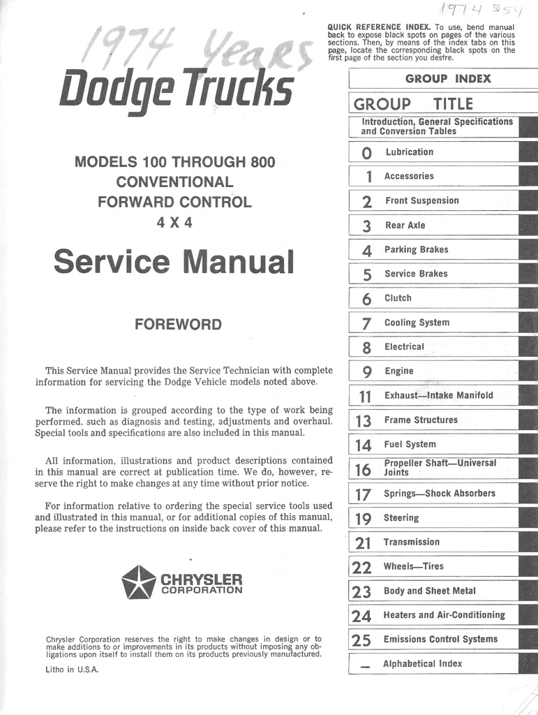 1974 Dodge Light/Medium/Heavy Truck Pickup, Forward Control & 4X4 100-800 Shop Maintenance Repair Service Manual