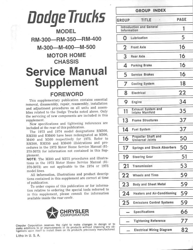 1974-1975 Dodge Motor Home Chassis M-300 M-400 M-500 RM-300 RM-350 RM-400 Shop Maintenance Repair Service Manual Supplement
