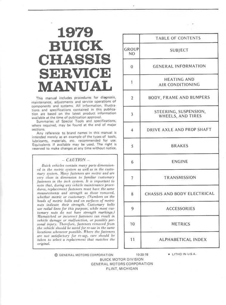 1979 Buick Factory Repair Maintenance Shop Chassis Service Manual All Series Regal Riviera Skyhawk Skylark Century LeSabre Electra