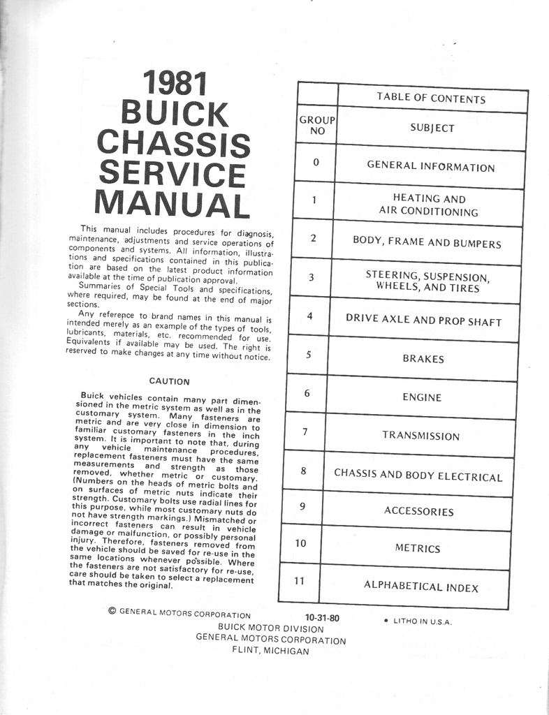 1981 Buick Factory Repair Maintenance Shop Chassis Service Manual All Series (except Skylark) Regal Riviera T-Type Century LeSabre Electra