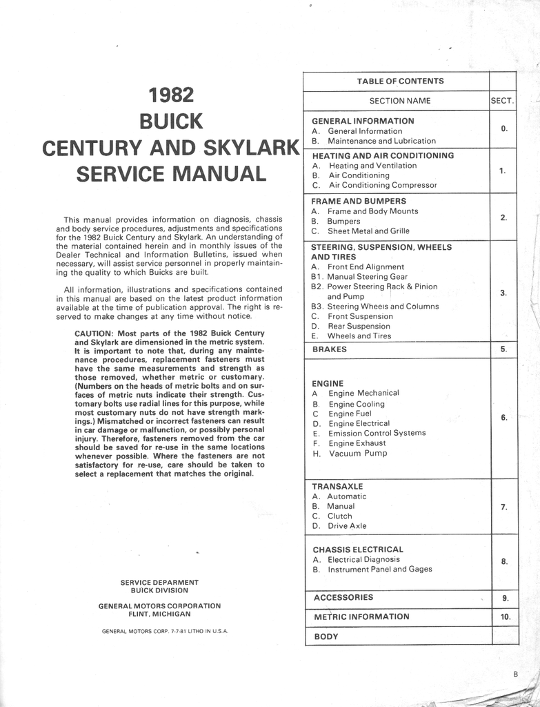 1982 Buick Century & Skylark Factory Repair Maintenance Shop Chassis & Body Service Manual