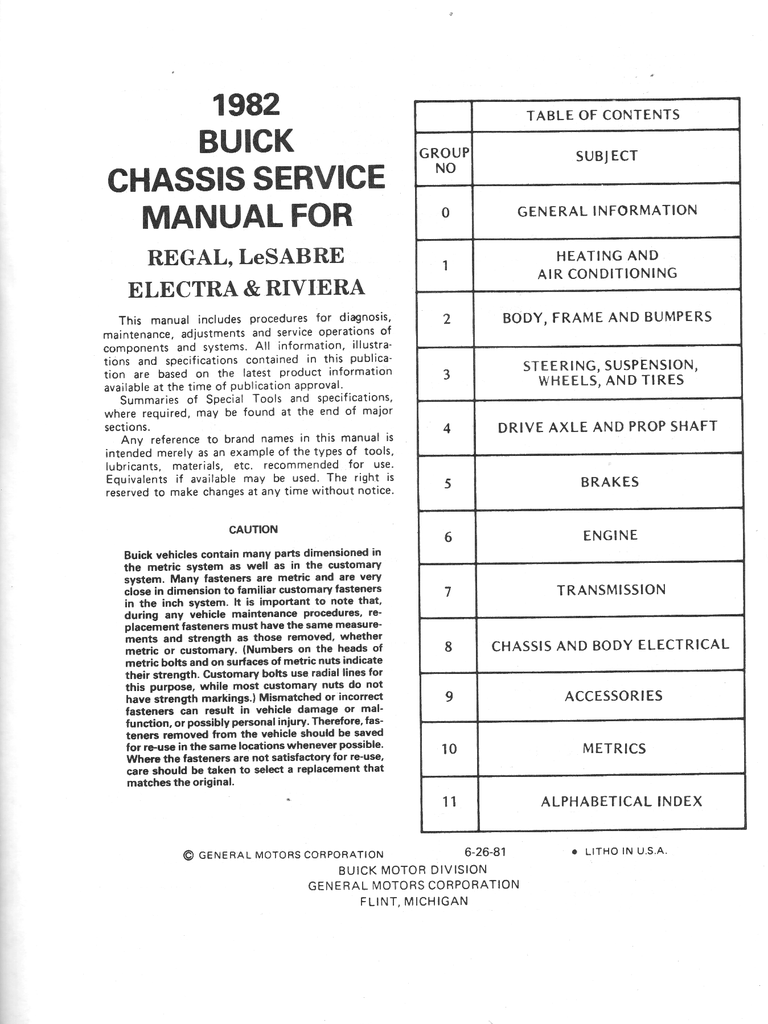 1982 Buick Regal Le Sabre Electra Riviera Factory Repair Maintenance Shop Chassis Service Manual