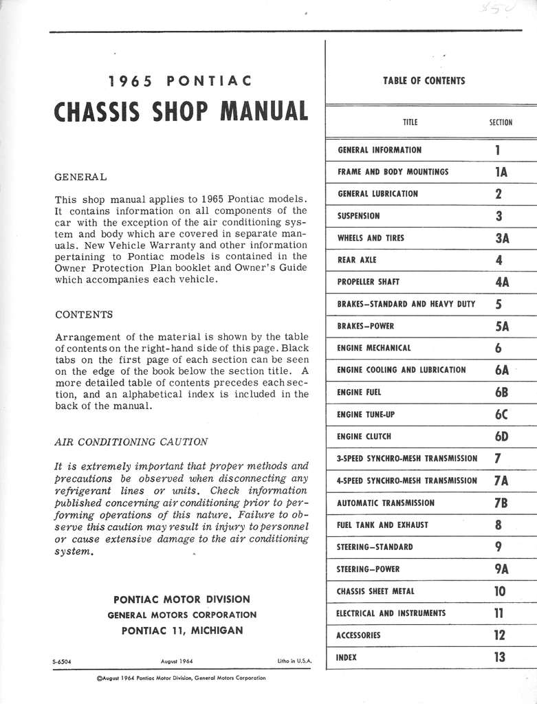 1965 Pontiac Grand Prix, Catalina, Bonneville and Star Chief Factory Repair Shop Chassis Service Manual