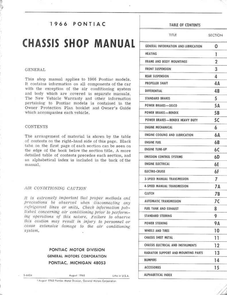1966 Pontiac Grand Prix, Catalina, 2+2, Bonneville and Star Chief Factory Repair Shop Chassis Service Manual