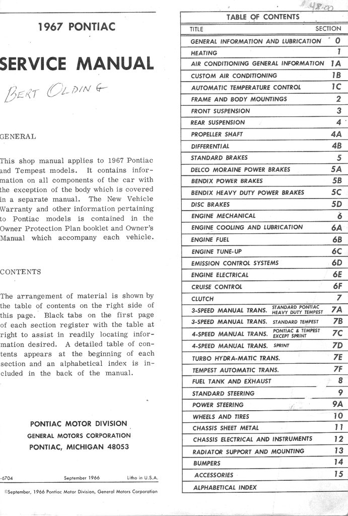 1967 Pontiac GTO, LeMans, Tempest, Grand Prix, Catalina, Bonneville and Executive Factory Repair Shop Chassis Service Manual
