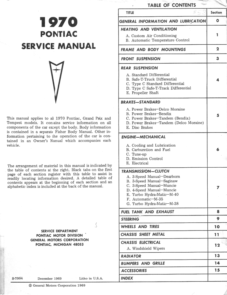 1970 Pontiac GTO, LeMans, Tempest, Grand Prix, Catalina, Bonneville and Executive Factory Repair Shop Chassis Service Manual