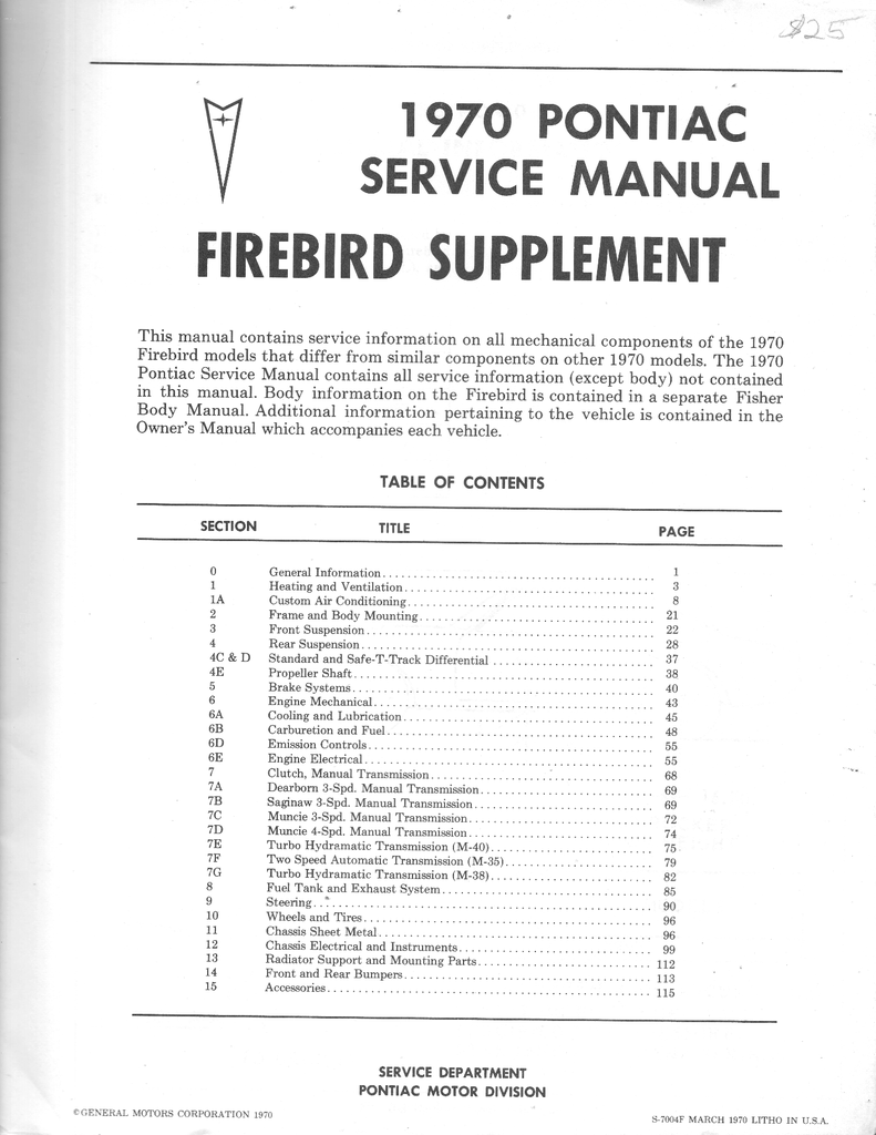 1970 Pontiac Firebird Factory Repair Shop Chassis Service Manual Supplement