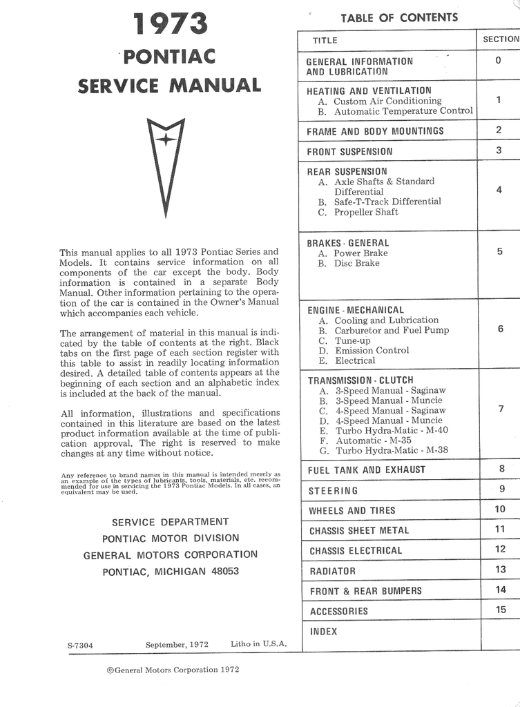 1973 Pontiac Factory Repair Shop Service Manual Firebird LeMans Grand Prix Grand Am Ventura Bonneville Catalina