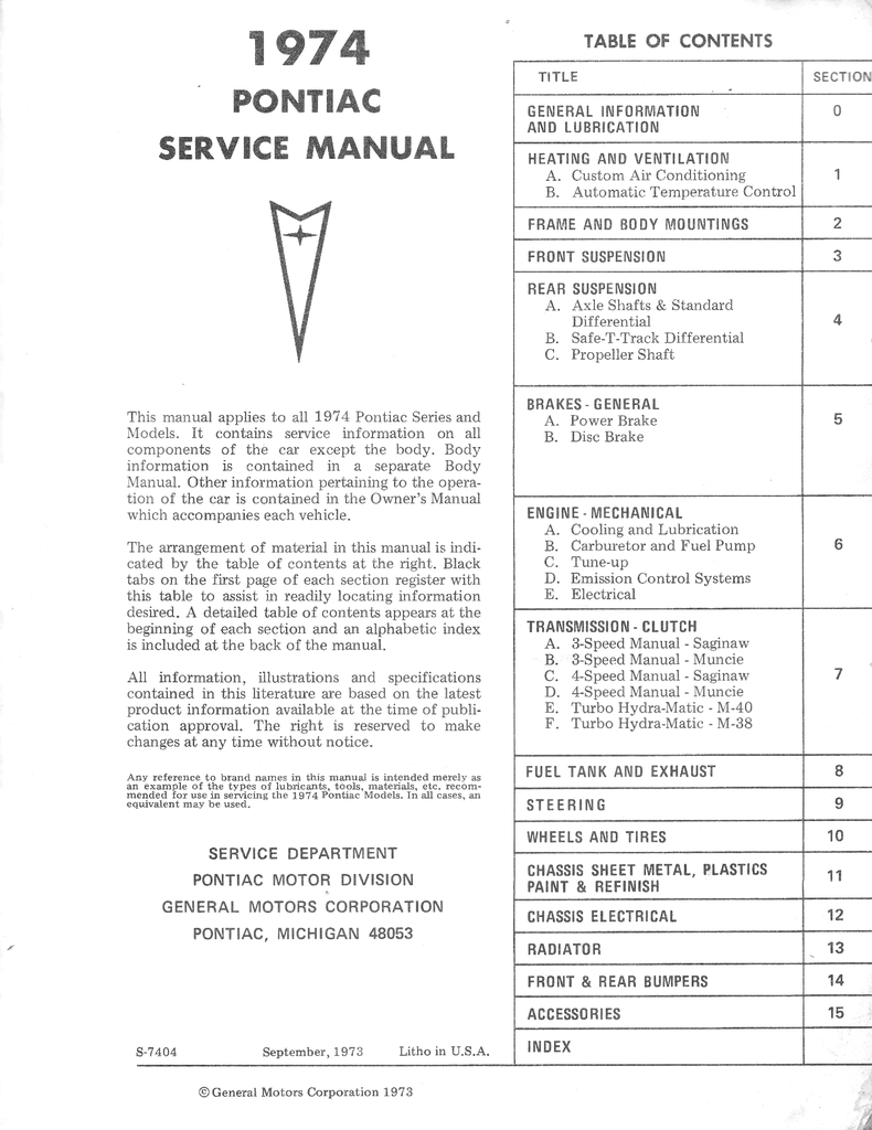 1974 Pontiac Factory Repair Shop Service Manual Firebird LeMans Grand Prix Grand Am Ventura Bonneville Catalina Gran Ville