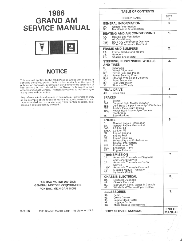1986 Pontiac Grand Am Factory OEM Repair Shop Service Manual