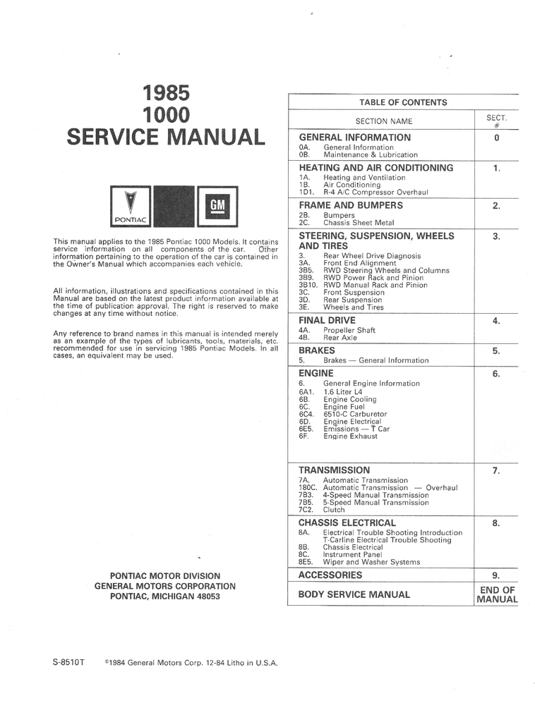 1985 Pontiac 1000 Factory OEM Repair Shop Service Manual