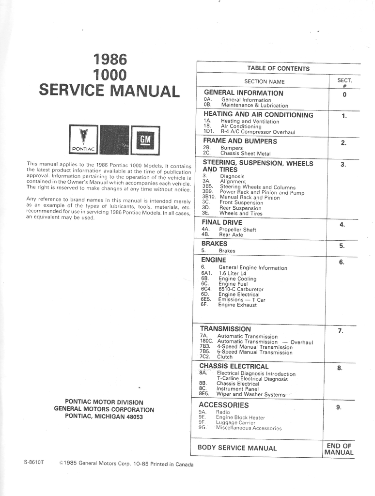 1986 Pontiac 1000 Factory OEM Repair Shop Service Manual