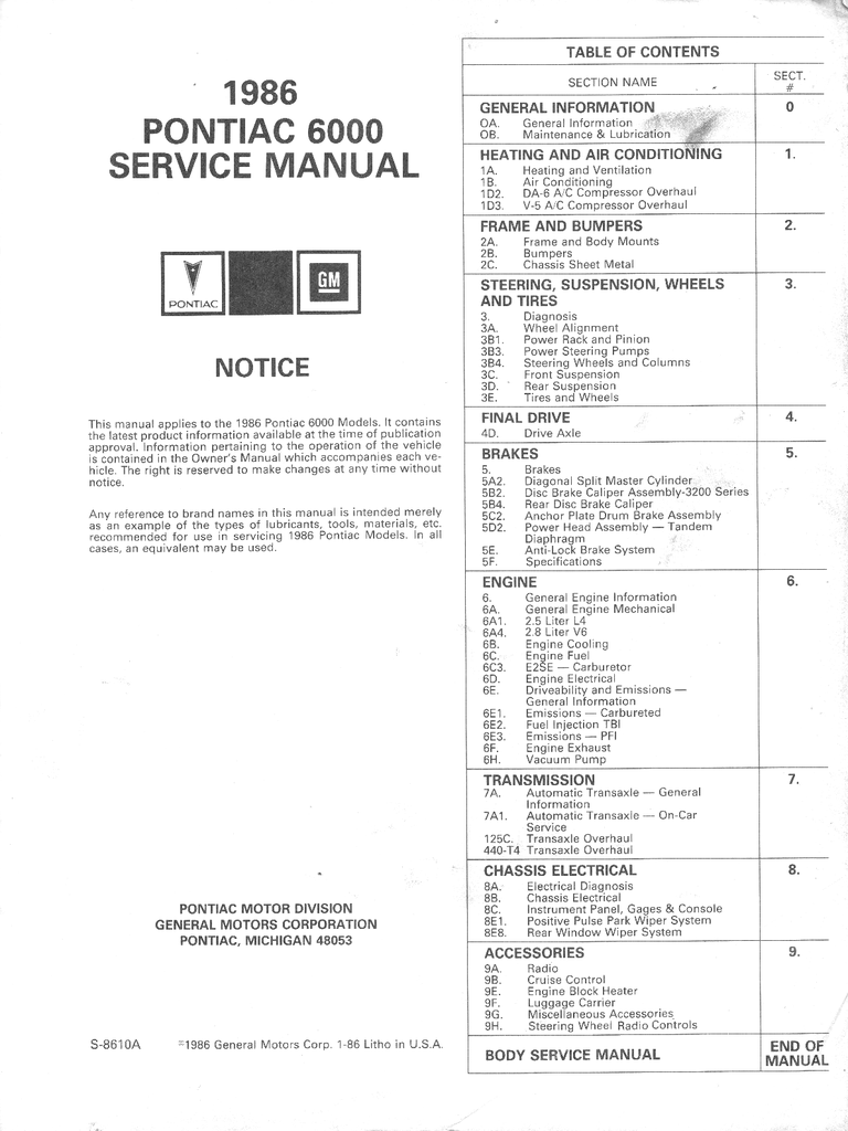 1986 Pontiac 6000 Factory OEM Repair Shop Service Manual