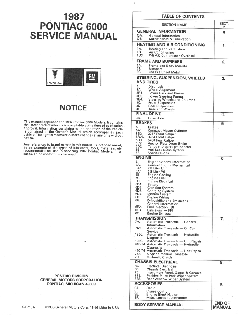 1987 Pontiac 6000 Factory OEM Repair Shop Service Manual