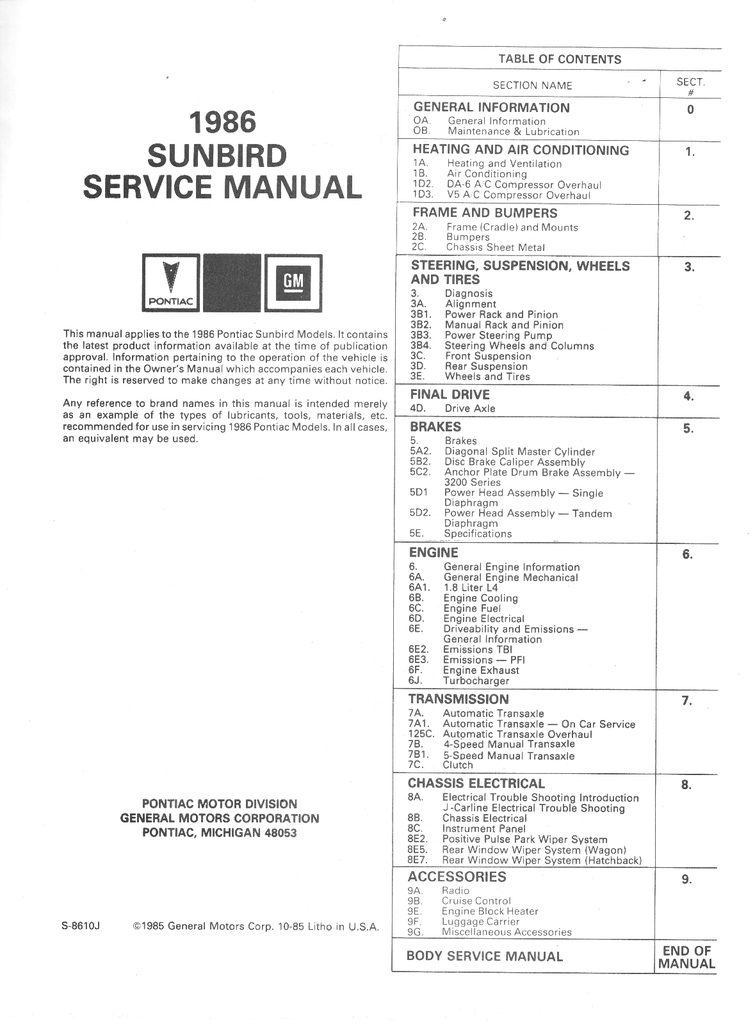 1986 Pontiac Sunbird Factory OEM Repair Shop Service Manual