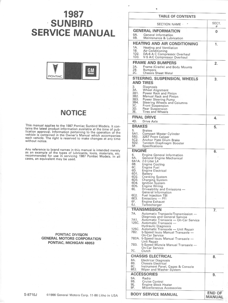 1987 Pontiac Sunbird Factory OEM Repair Shop Service Manual