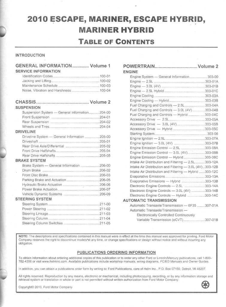 2010 Ford Escape, Escape Hybrid and Mercury Mariner, Mariner Hybrid Original OEM Factory Shop Service Workshop Manual Set