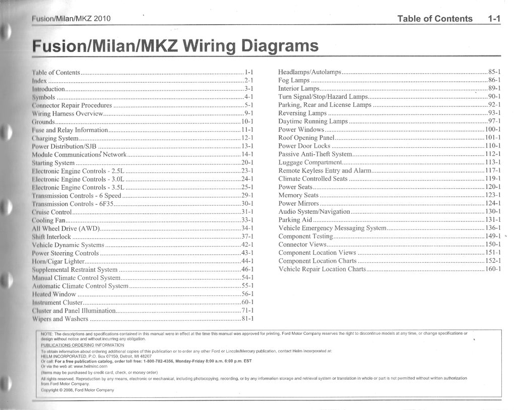 2010 Ford Fusion, Mercury Milan, Lincoln MKZ Electrical Wiring Diagrams Manual