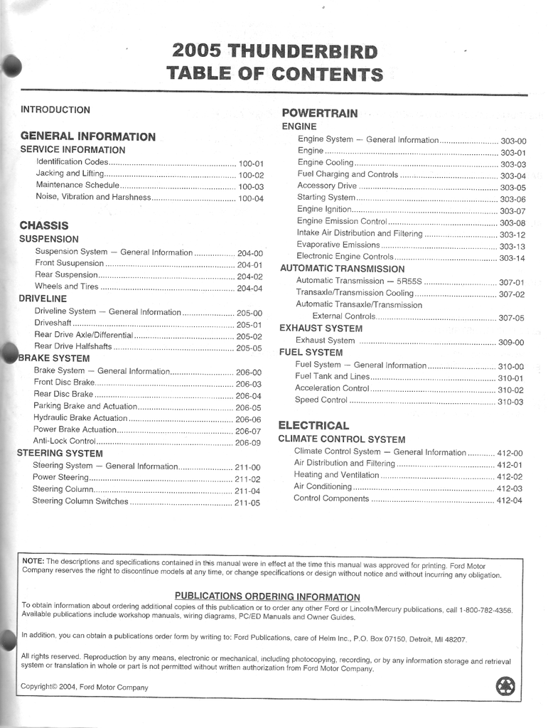 2005 Ford Thunderbird Workshop Service Manual