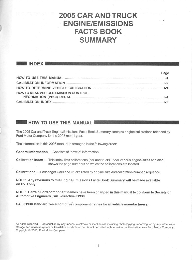 2005 Ford Car and Truck Engine/Emissions Facts Book Summary Manual