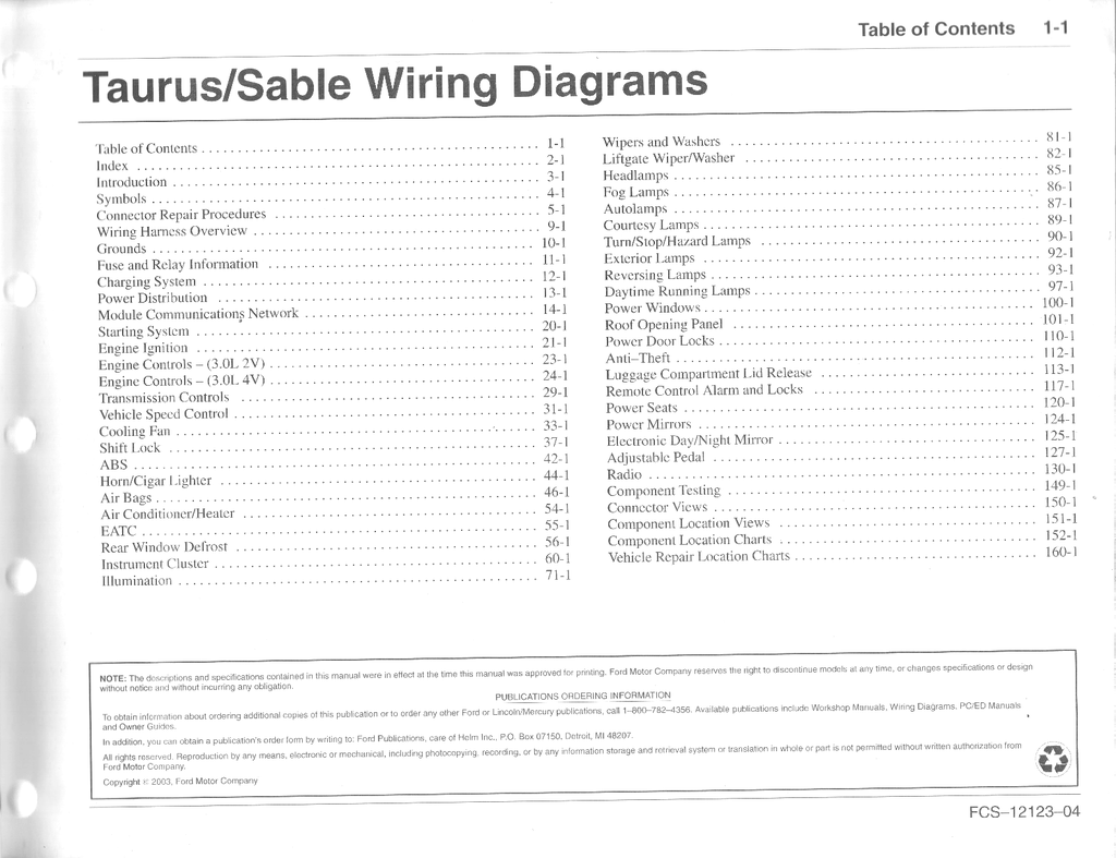 2004 Ford Taurus, Mercury Sable Electrical Wiring Diagrams Manual