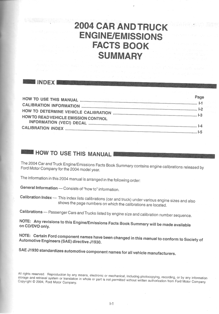 2004 Ford Car and Truck Engine/Emissions Facts Book Summary Manual