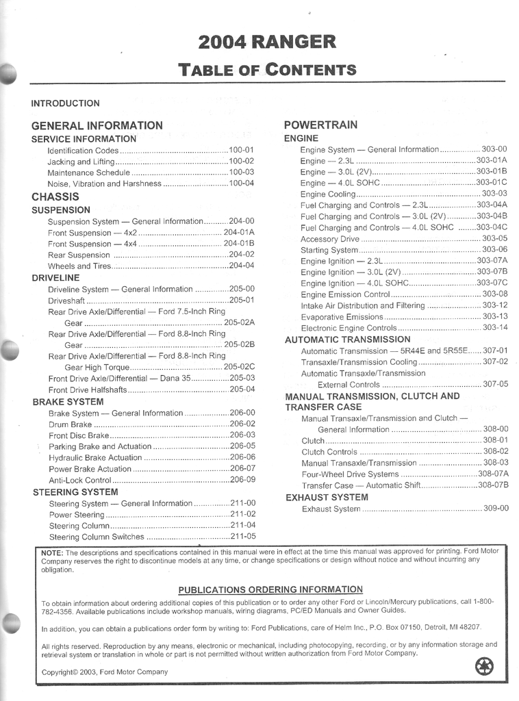 2004 Ford Ranger Workshop Service Manual