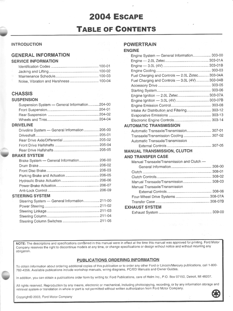 2004 Ford Escape Workshop Service Manual