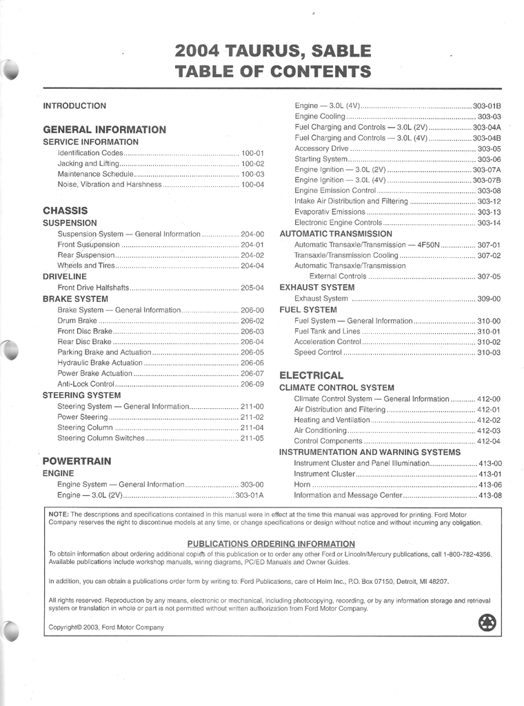 2004 Ford Taurus Mercury Sable Workshop Service Manual