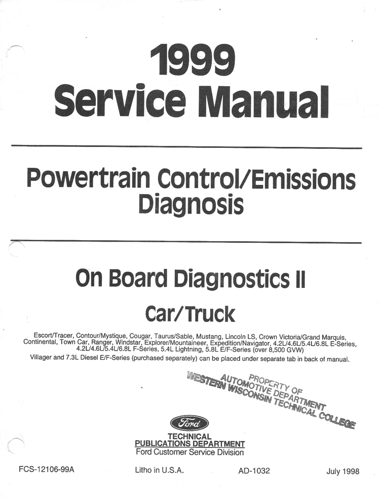 1999 Ford Car/Truck Powertrain Control/Emissions Diagnosis OBD II (OBD2) Factory Shop Service Manual