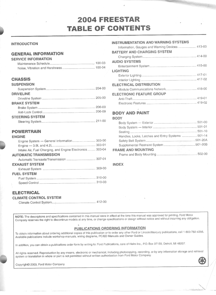 2004 Ford Freestar, Mercury Monterey Factory Workshop Service Manual