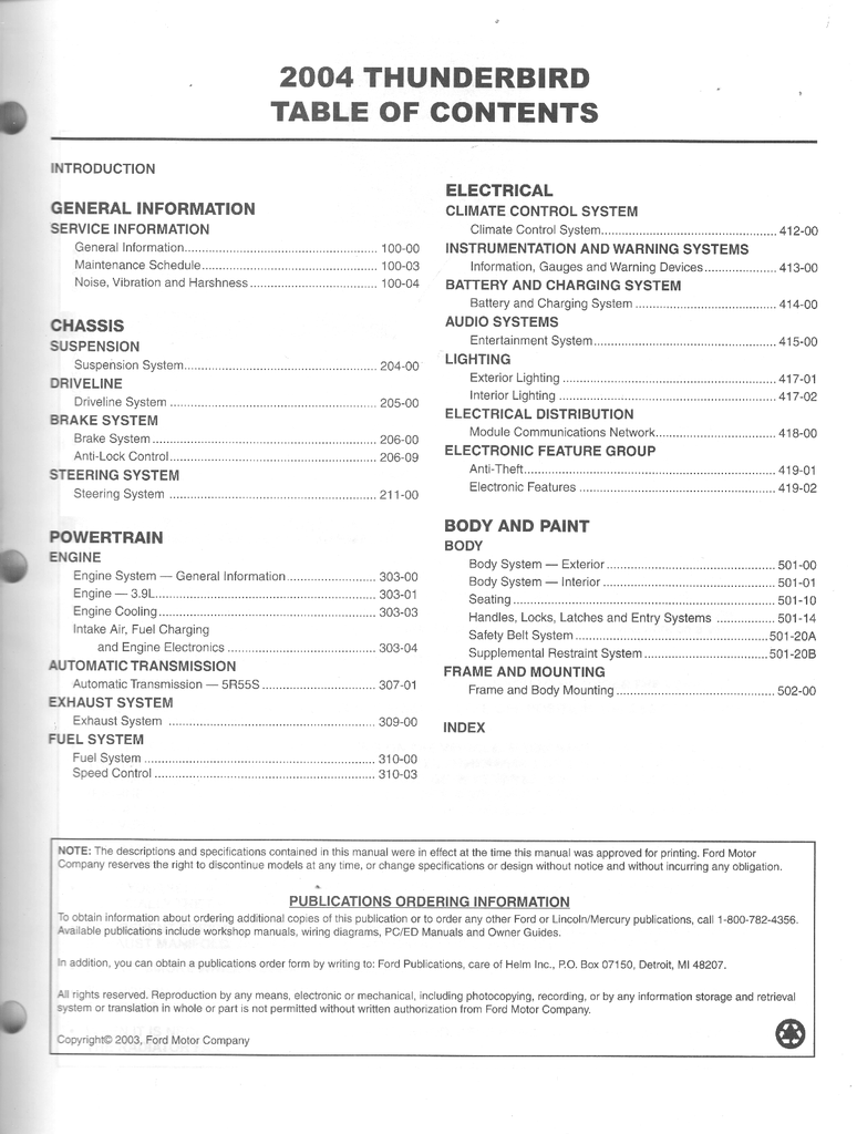 2004 Ford Thunderbird Factory Workshop Service Manual