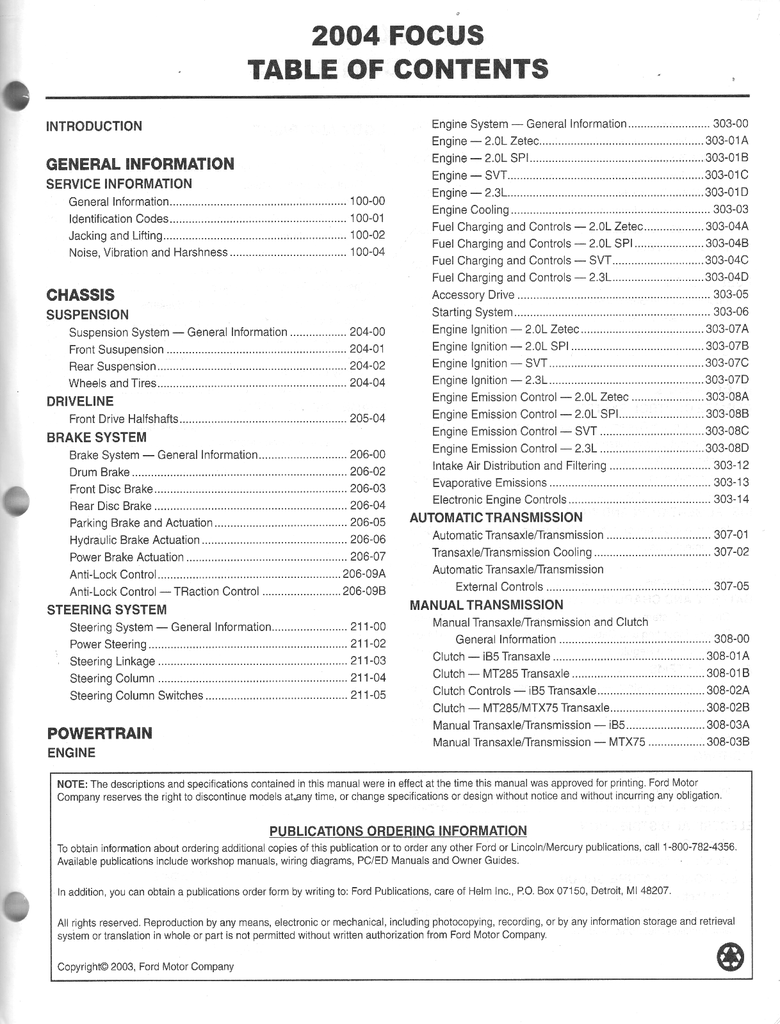 2004 Ford Focus Factory Workshop Service Manual