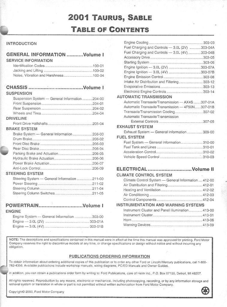 2001 Ford Taurus, Mercury Sable Factory Service Manual Set
