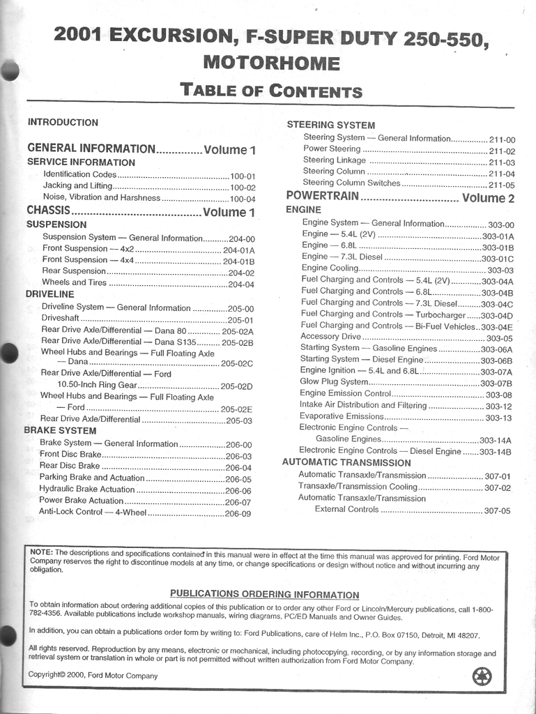2001 Ford Excursion, F-Super Duty, F-250, F-350, F-450, F-550, Motorhome Chassis Factory Service Workshop Manual Set